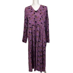Vintage We Be Bop Purple Midi Dress Retro Atomic Print Button front
Pockets